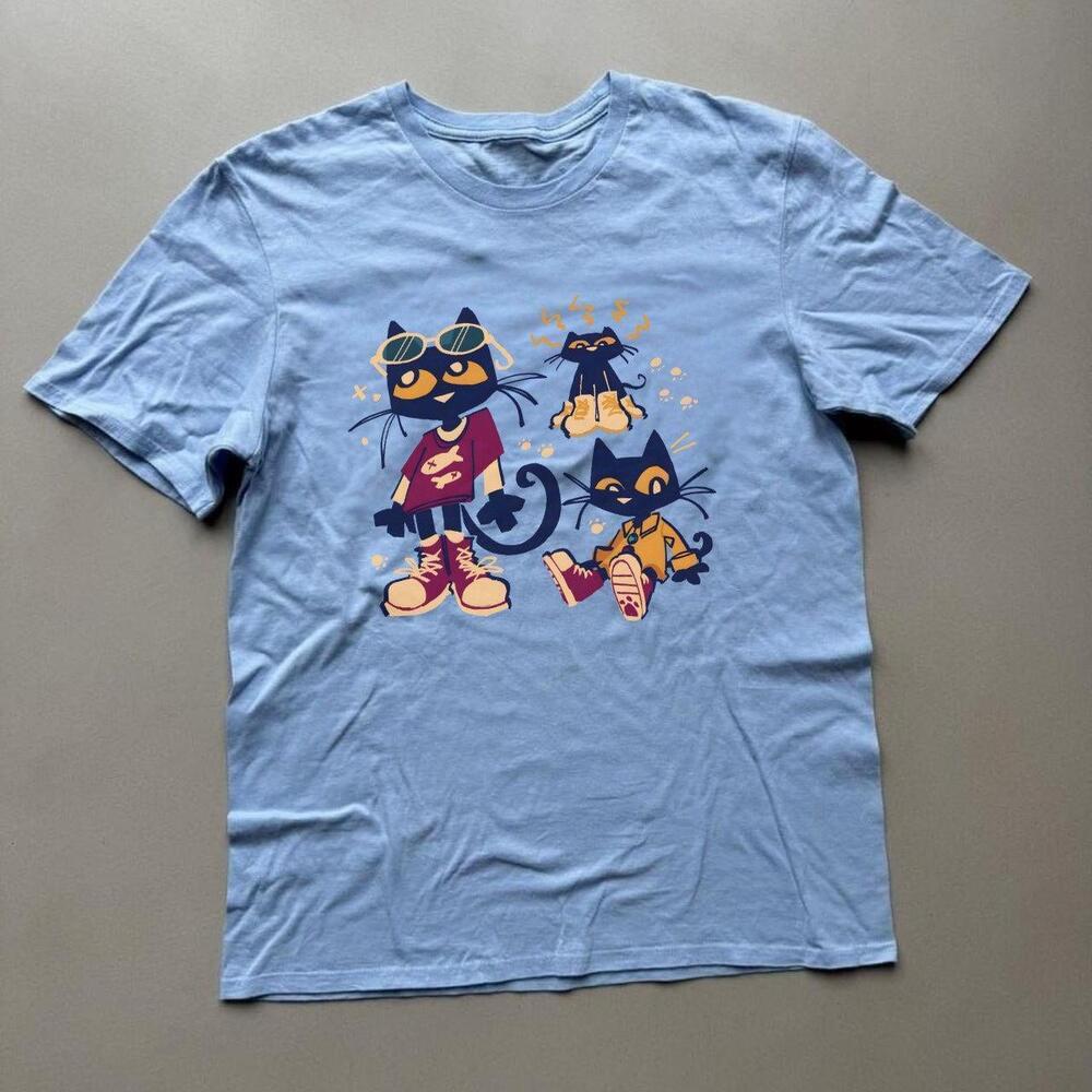 Blue Graphic Tee With Black Cat Design